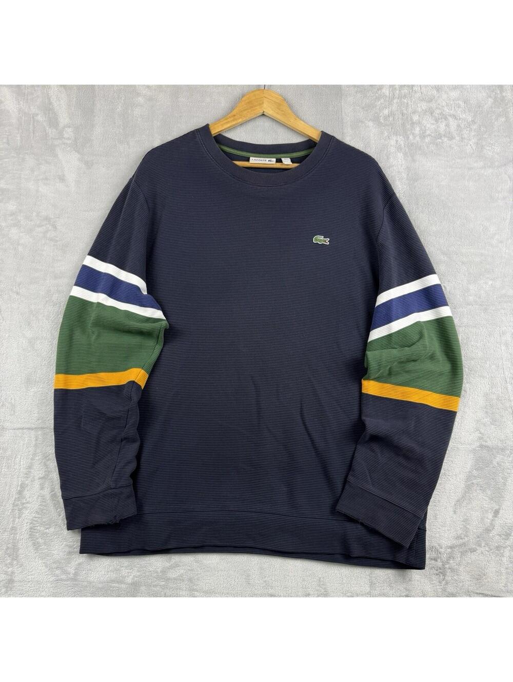 Lacoste Textured Crewneck Sweatshirt Men's 3XL Navy Striped Sleeve Cotton Preppy